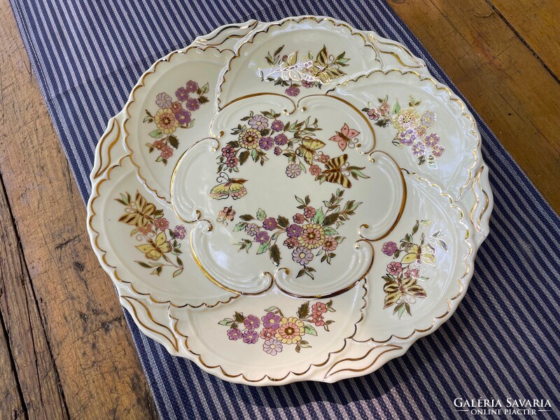 Zsolnay pillangómintás nagyméretű dísz tányér, pillangó mintás falitányér tál