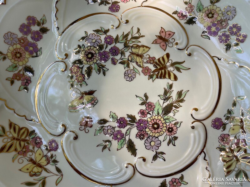 Zsolnay pillangómintás nagyméretű dísz tányér, pillangó mintás falitányér tál