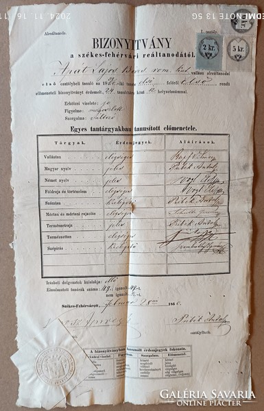 Székesfehérvár Reáltanodai bizonyítvány 1860.