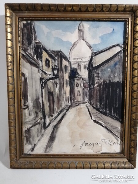 RUE Á PARIS - JELZETT FRANCIA KÉTOLDALI AKVARELL - HÁTTÉRBEN A SACRÉ COEUR BAZILIKA