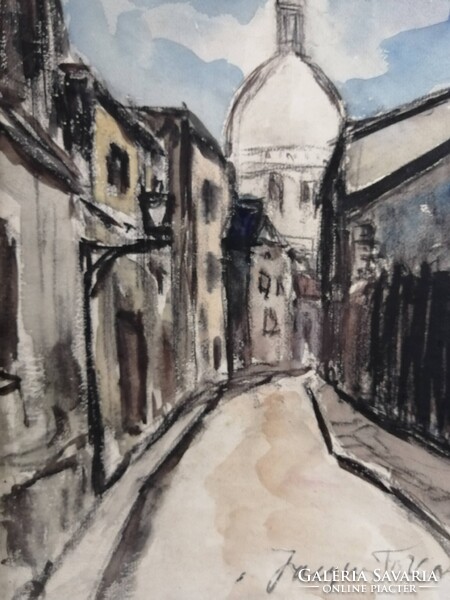 RUE Á PARIS - JELZETT FRANCIA KÉTOLDALI AKVARELL - HÁTTÉRBEN A SACRÉ COEUR BAZILIKA