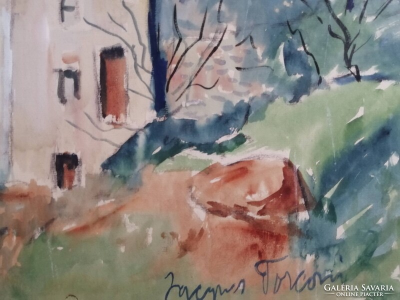 RUE Á PARIS - JELZETT FRANCIA KÉTOLDALI AKVARELL - HÁTTÉRBEN A SACRÉ COEUR BAZILIKA