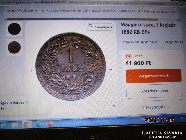 Magyar Királyi Váltópénz 1882KB  1 Krajcár XF