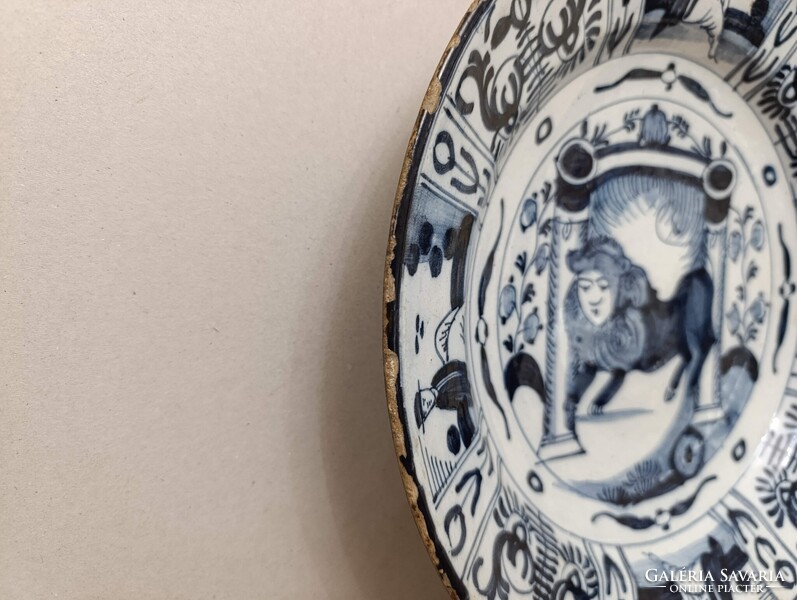 Antik zsidó delfti porcelán tányér tál oroszlán tóra tekercs judaika Delft 18. század 537 2954