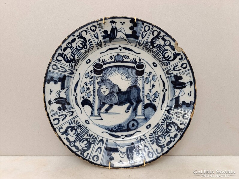 Antik zsidó delfti porcelán tányér tál oroszlán tóra tekercs judaika Delft 18. század 537 2954