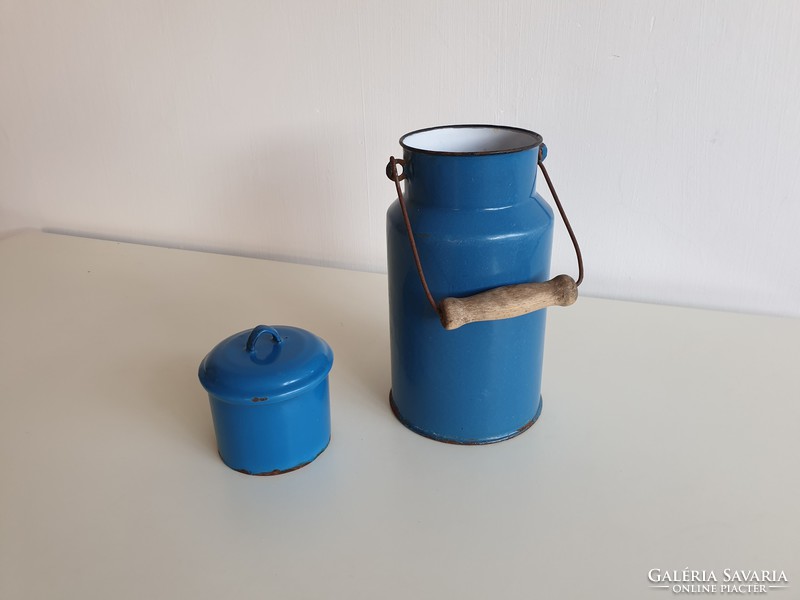 Enamelled 2 L Old Vintage Weiss Manfréd Milk Can WM Csepel Blue Enamel Can