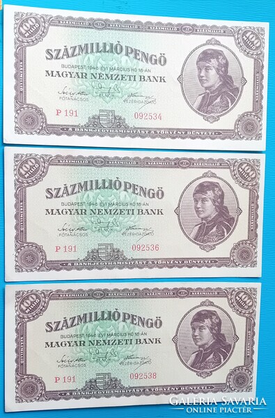 3 db százmillió  Pengő 1946  sorszámközeli  aUNC