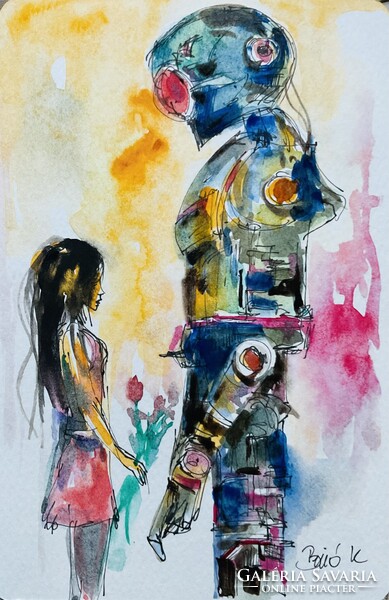 A kislány és a robot. Kvalitásos conceptual art illusztráció! Toll akvarell !