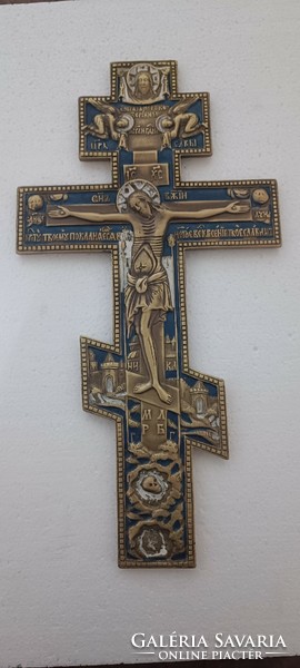 Antik nagy orosz cári ortodox pravoszláv fali bronz kereszt zomànc dîszitmènnyel 19.sz