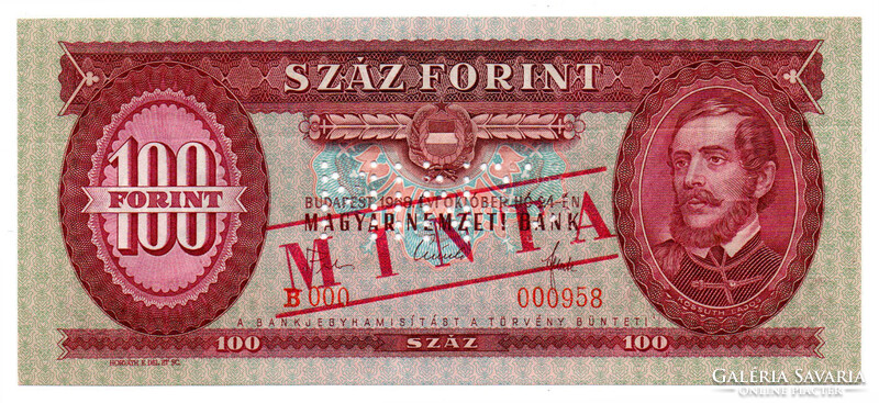 100 Forint Bankjegy 1968 MINTA lyukasztás és bélyegzés B000