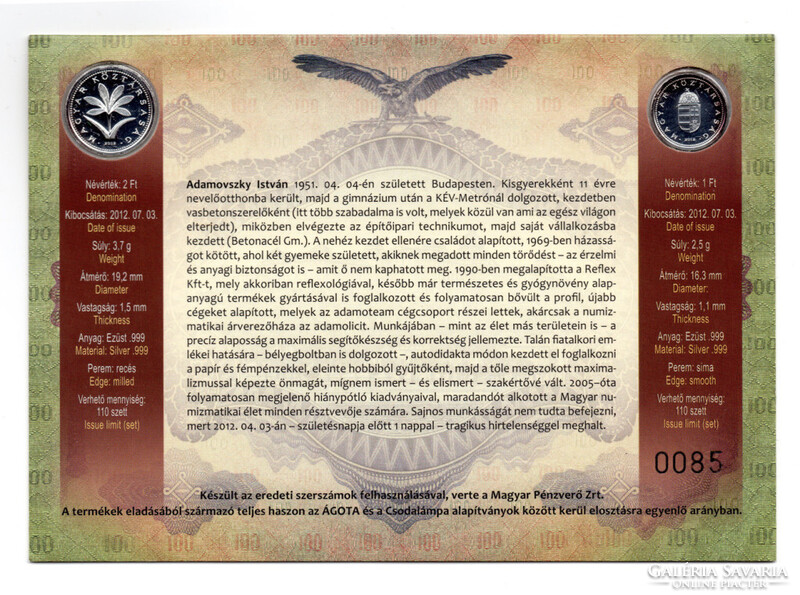 Adamovszky Emlék ezüst 1 és 2 Forint 1951-2012