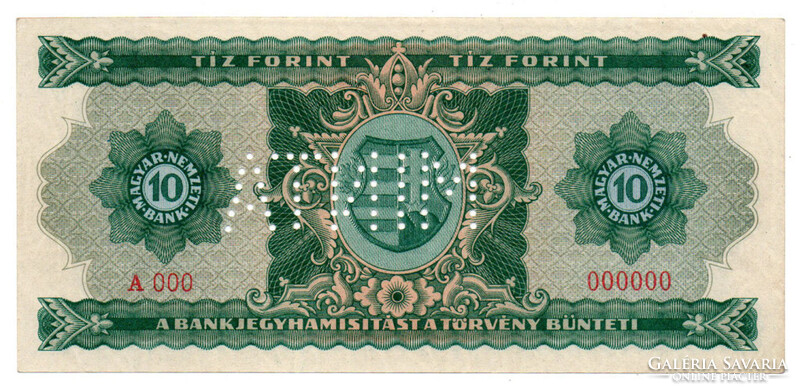 10 Forint Bankjegy 1946 MINTA lyukasztás A000