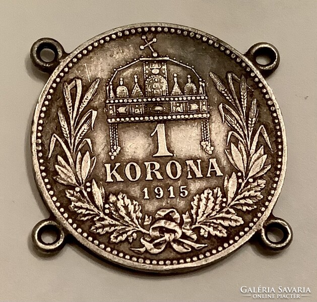 Ezüst 1 koronásból készült, ruhára felvarrható medál, bross, kitűző - 1915–ös Ferenc József pénzérme