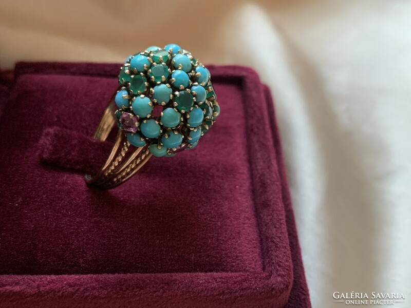 Csodálatos rubin-smaragd türkiz gyűrű 585 arany