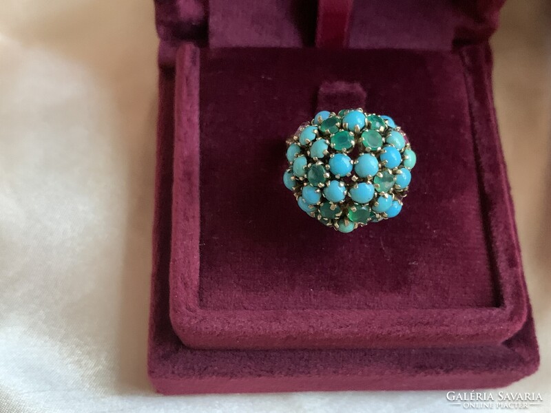 Csodálatos rubin-smaragd türkiz gyűrű 585 arany