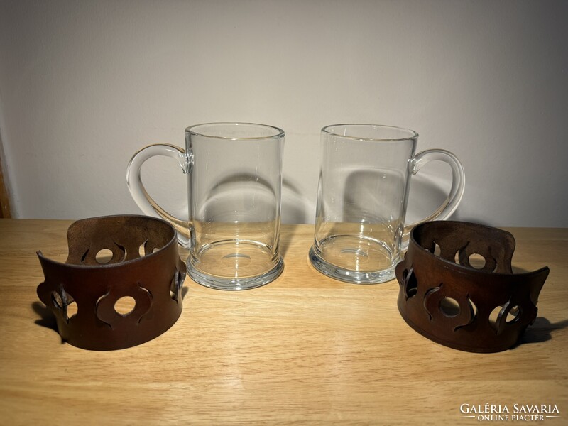 Retró üveg sörös korsó levehető bőr dekorral - 2 db sörös kancsó