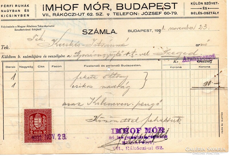 Régi számla: Imhof Mór férfi ruhák, Budapest.