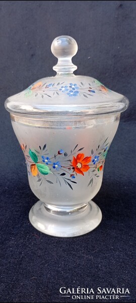 Vintage kézzel festett ,mattított ,fedeles,hibátlan üveg bonbonier 19 sz vége 20 sz eleje