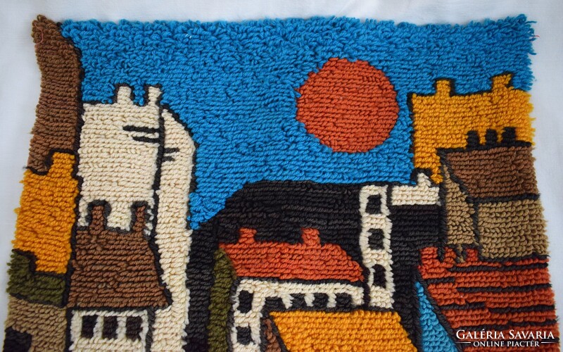 Város látkép fali szőnyeg , falikárpit retro régi subázott kézimunka 120x64cm
