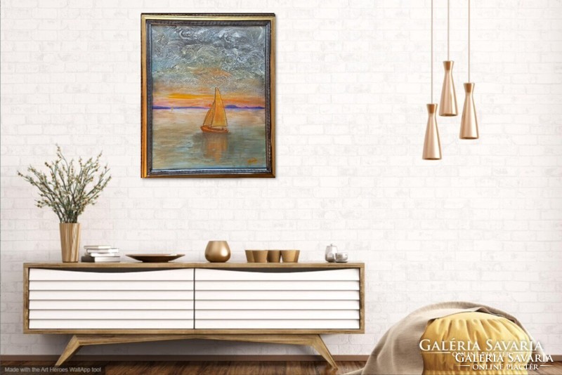 Prima díjas művésztől Balatoni fantázia. 50x40 cm, vászonkép, tanúsítvánnyal Károlyfi Zsófia (1952-)