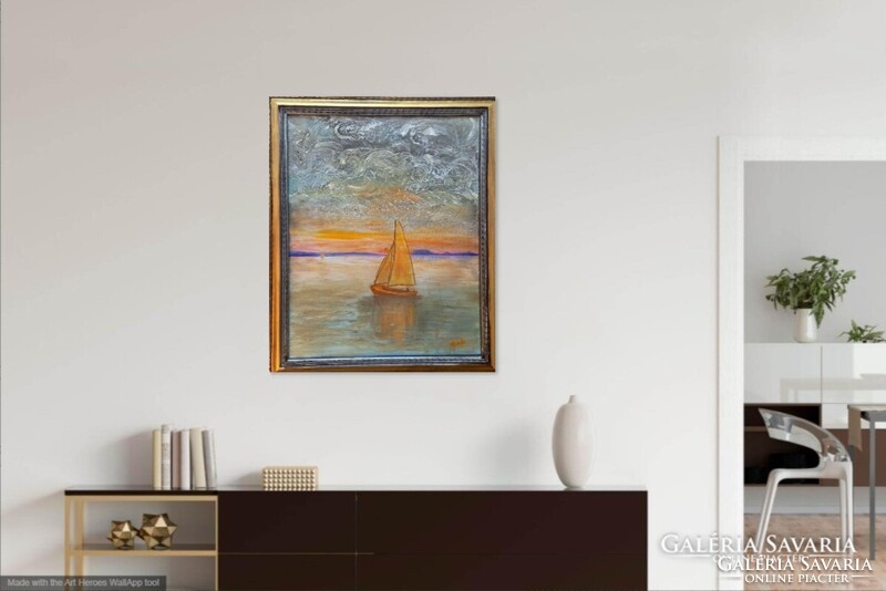 Prima díjas művésztől Balatoni fantázia. 50x40 cm, vászonkép, tanúsítvánnyal Károlyfi Zsófia (1952-)