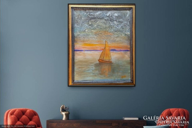 Prima díjas művésztől Balatoni fantázia. 50x40 cm, vászonkép, tanúsítvánnyal Károlyfi Zsófia (1952-)