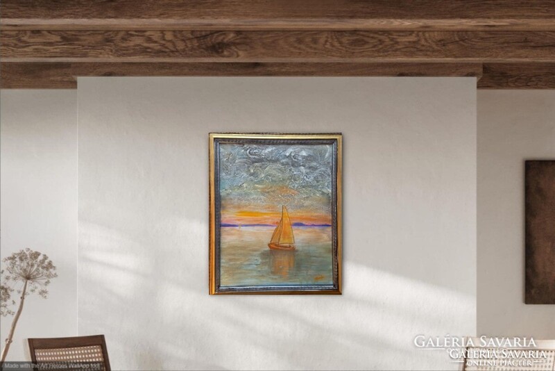 Prima díjas művésztől Balatoni fantázia. 50x40 cm, vászonkép, tanúsítvánnyal Károlyfi Zsófia (1952-)