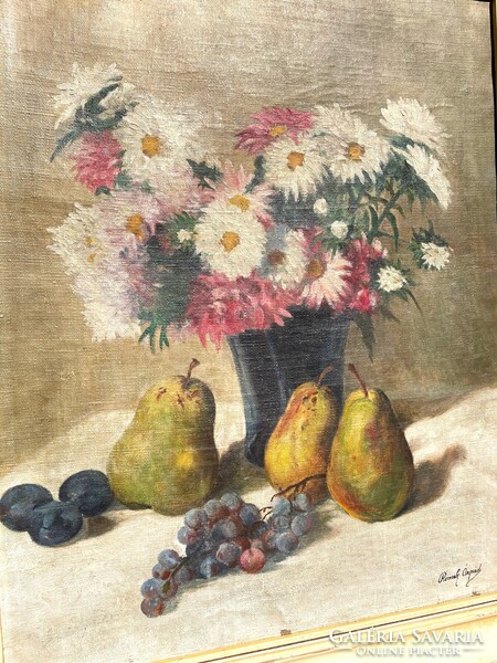 Romek Árpád (1883-1960) asztali csendélet virágokkal és gyümölcsökkel régi olaj festménye antik
