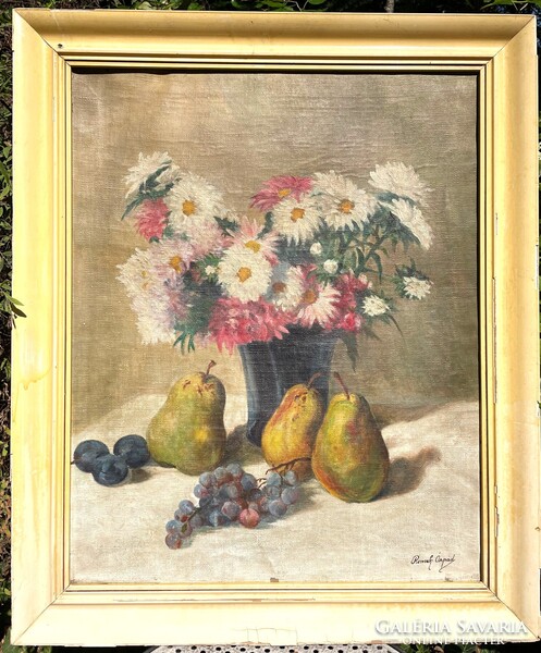 Romek Árpád (1883-1960) asztali csendélet virágokkal és gyümölcsökkel régi olaj festménye antik