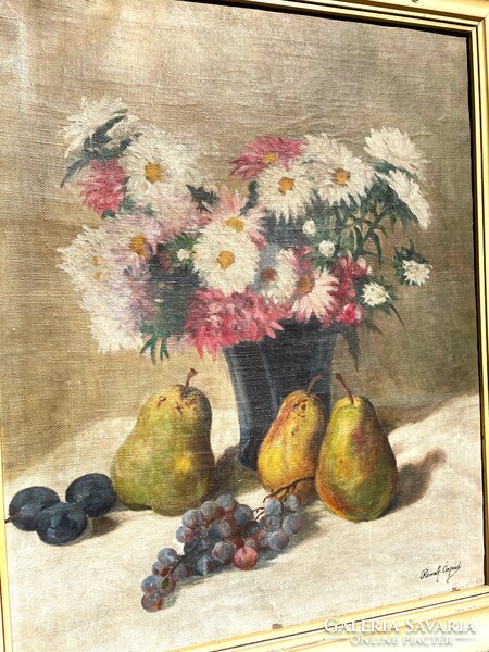 Romek Árpád (1883-1960) asztali csendélet virágokkal és gyümölcsökkel régi olaj festménye antik