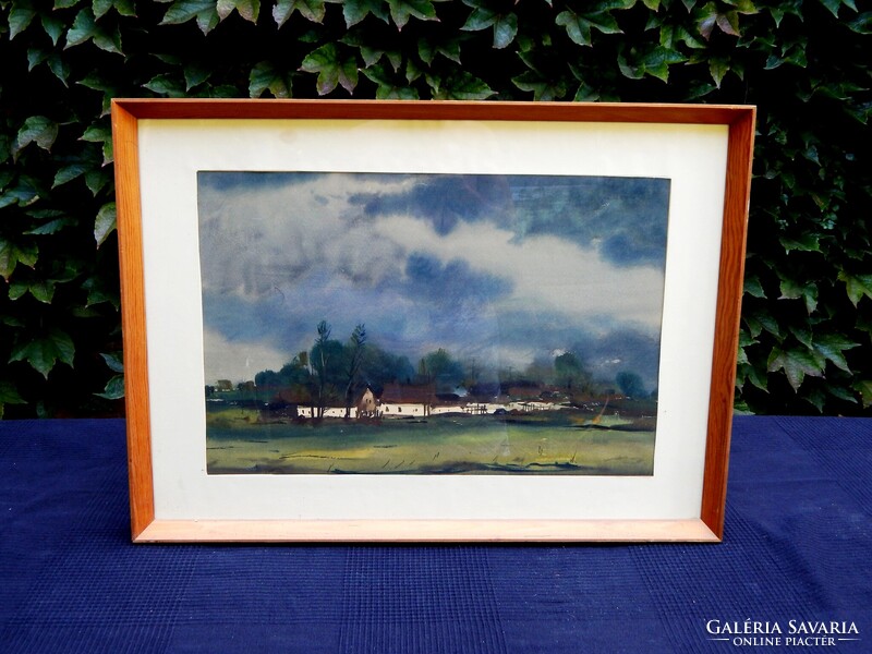 Weintrager Adolf (1927 - 1987):  Eső után,  40 x 50 cm-es akvarellje keretben