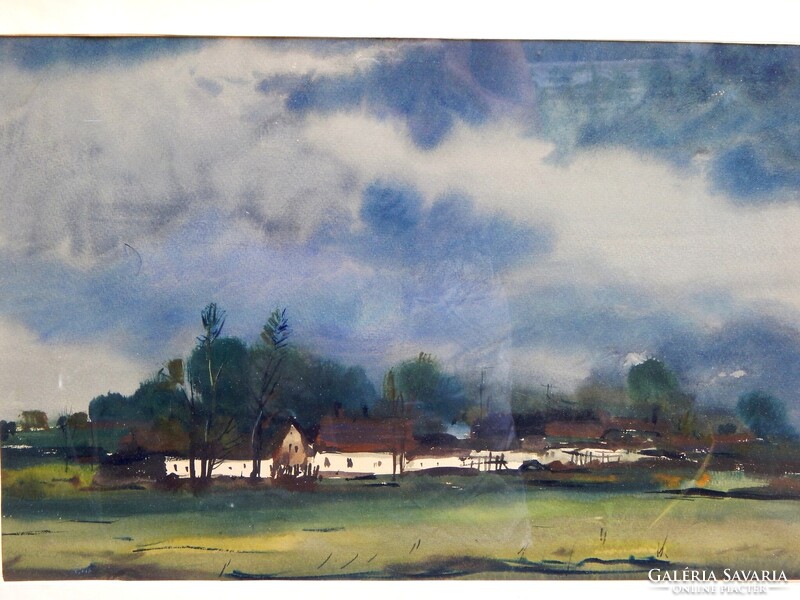 Weintrager Adolf (1927 - 1987):  Eső után,  40 x 50 cm-es akvarellje keretben