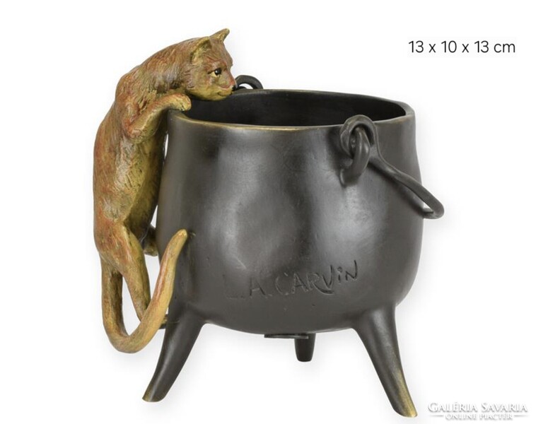 L.A. Carvin francia stílusú bronszobor , üstön kapaszkodó macska