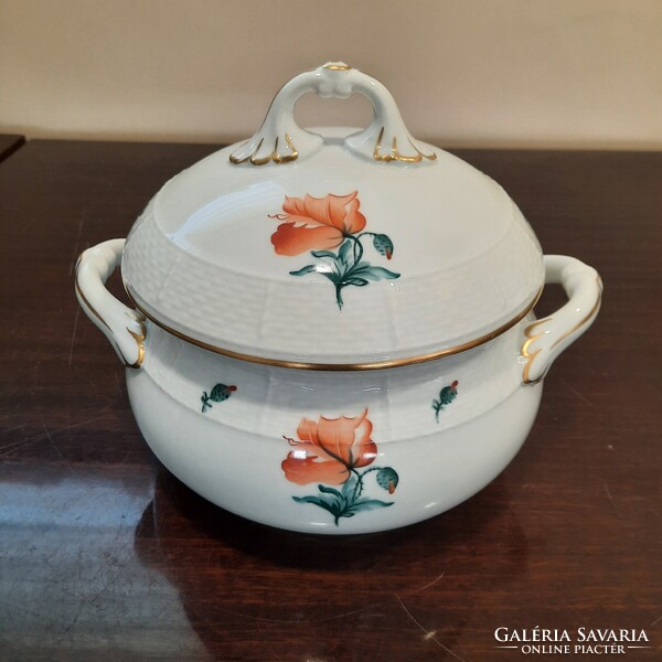 Herendi pipacs virágmintás porcelán leveses tál