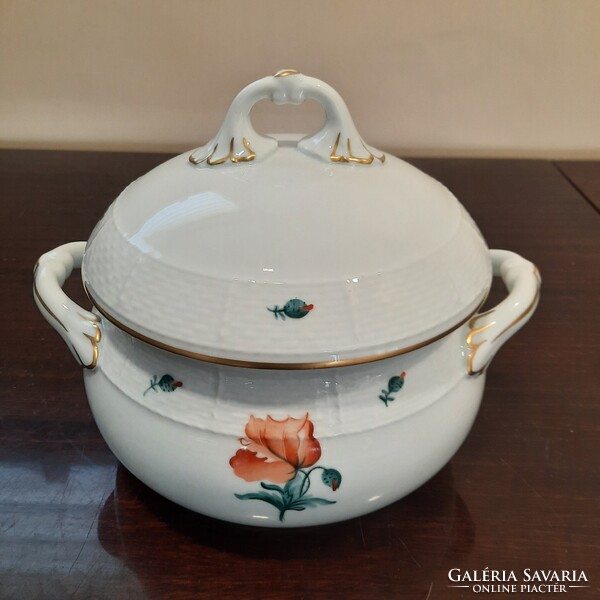 Herendi pipacs virágmintás porcelán leveses tál