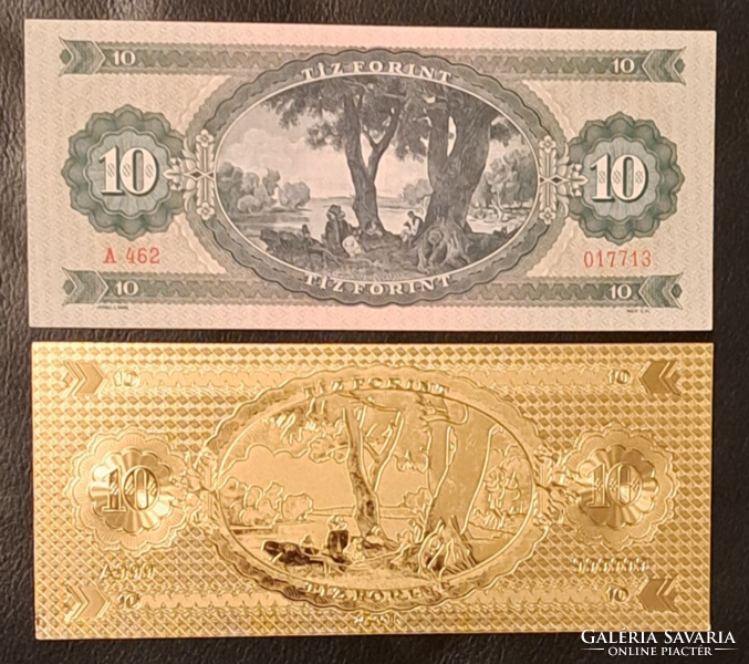 Aranyozott 10 forint bankjegy, replika, és a modellje UNC certifikációval