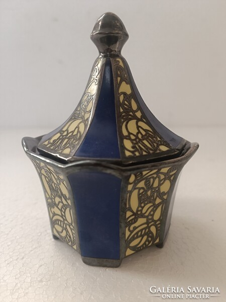 Antik Bécsi szecesszió ezűst overlay porcelán cukordoboz bonbonier