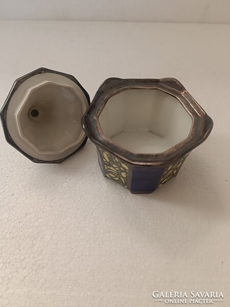 Antik Bécsi szecesszió ezűst overlay porcelán cukordoboz bonbonier