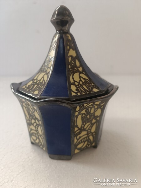 Antik Bécsi szecesszió ezűst overlay porcelán cukordoboz bonbonier