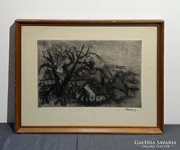 Remsey Gábor (1925-1999) Falusi látkép kopasz fával /számlát adunk/