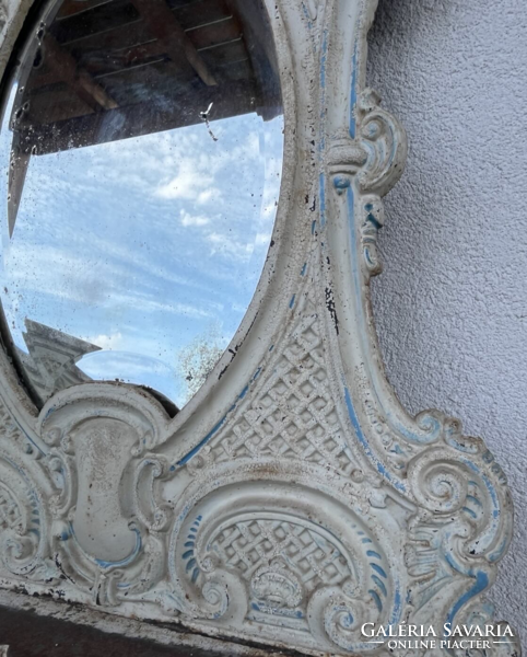 Kuriózum antik díszes öntöttvas csempés álló mosdótükör, tükör, fürdőszoba bútor