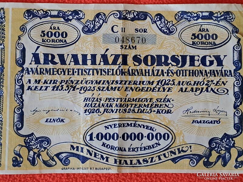 Árvaházi sorsjegy 1925. "C" sorozat, 5000 korona