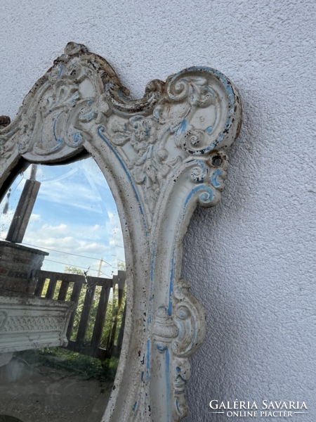 Kuriózum antik díszes öntöttvas csempés álló mosdótükör, tükör, fürdőszoba bútor