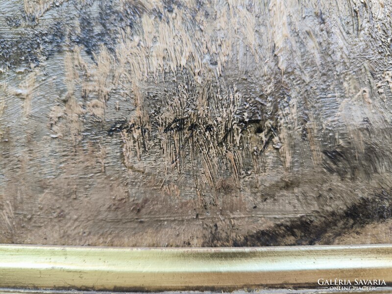 Gyönyörű antik Olaj vászon tàjkép festmény.Àcs Àgoston aratàs , betakarítás