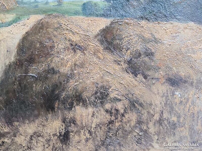 Gyönyörű antik Olaj vászon tàjkép festmény.Àcs Àgoston aratàs , betakarítás