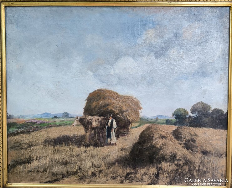 Gyönyörű antik Olaj vászon tàjkép festmény.Àcs Àgoston aratàs , betakarítás