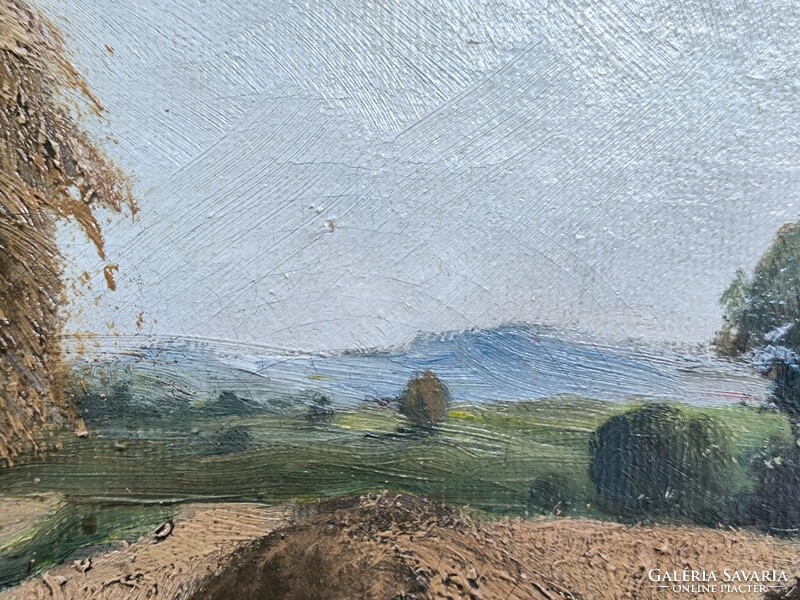 Gyönyörű antik Olaj vászon tàjkép festmény.Àcs Àgoston aratàs , betakarítás