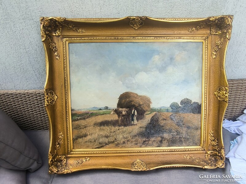 Gyönyörű antik Olaj vászon tàjkép festmény.Àcs Àgoston aratàs , betakarítás