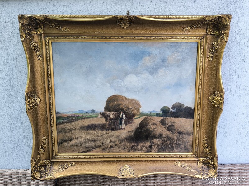 Gyönyörű antik Olaj vászon tàjkép festmény.Àcs Àgoston aratàs , betakarítás