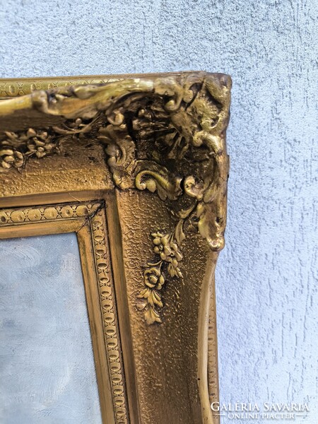 Gyönyörű antik Olaj vászon tàjkép festmény.Àcs Àgoston aratàs , betakarítás